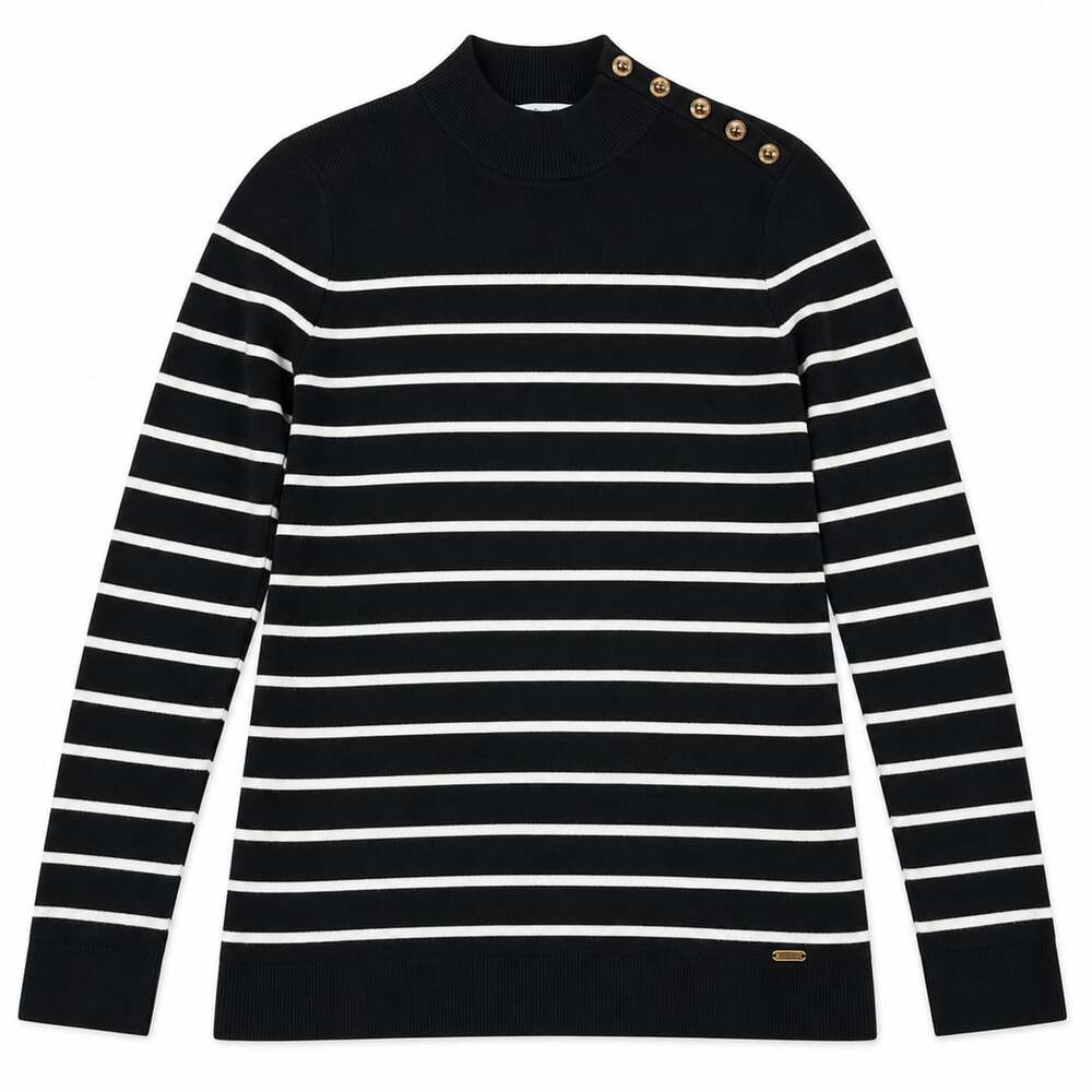 Calvin Klein Striped Sweater Size L Black White Mock Neck Gold Buttons
